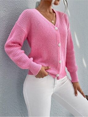 SHEIN Bubblegum Pink V-Neck Button-Up Knit Cardigan